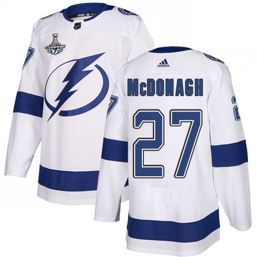 Men Adidas Tampa Bay Lightning #27 Ryan McDonagh White Road Authentic 2020 Stanley Cup Champions Stitched NHL Jersey